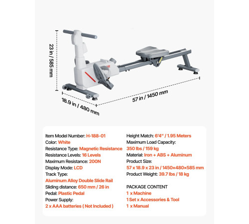 Веслувальний тренажер магнітний VEVOR сіро-білий