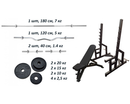 Лавка PE208 + Стійки Black Rock + 4 грифи + Набір металевих гумових дисків 120 кг