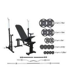 Лавка 090 + Стійки зі страхувальними упорами UM 0150 Штанга + металева 83 кг, гриф W, гантелі RN-Sport
