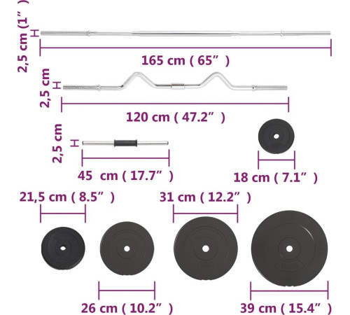 Штанга та гантелі з ваговими пластинами vidaXL, 90 кг