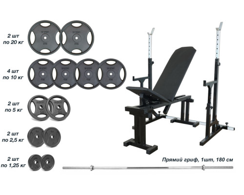Лавка 090 + Стійки зі страхувальними упорами UM 0150 + Металева штанга RN-Sport Quatro 105 кг