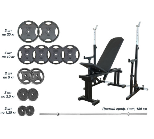 Лавка 090 + Стійки зі страхувальними упорами UM 0150 + Металева штанга RN-Sport Quatro 105 кг