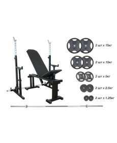 Лавка 090 + Стійки зі страхувальними упорами UM 0150 + штанга з металевими дисками 75 кг RN-Sport