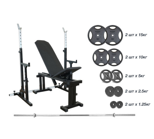 Лавка 090 + Стійки зі страхувальними упорами UM 0150 + штанга з металевими дисками 75 кг RN-Sport