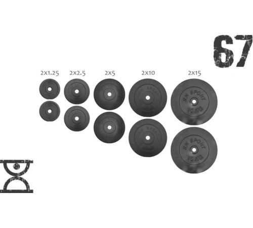 Набір 67 кг (2х1.25, 2х2.5, 2x5, 2х10 та 2x15) дисків, RN Sport покритих пластиком (31 мм)