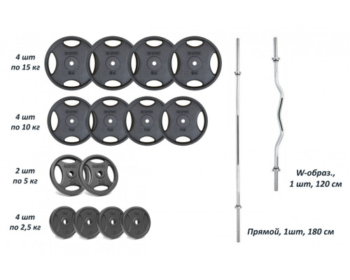 Набір штангу з гантелями. 4 грифи + 120 кг металевих дисків RN-Sport