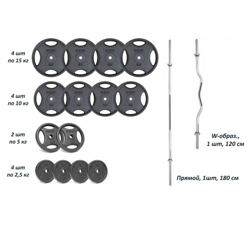 Набір штангу з гантелями. 4 грифи + 120 кг металевих дисків RN-Sport