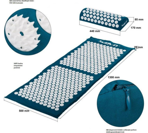 Акупунктурний килимок з подушкою MOVIT 130 x 50 см - бірюзовий