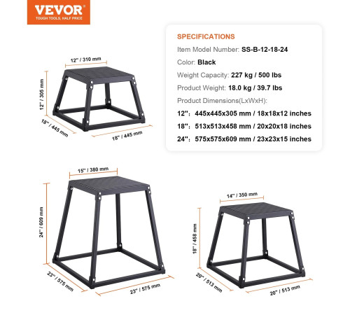 Пліометричний бокс VEVOR 30,5 - 45,8 - 60,9 см, чорний