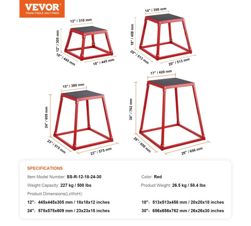 Пліометричний бокс VEVOR 30,5 - 45,8 - 60,9 - 76,2 см, червона