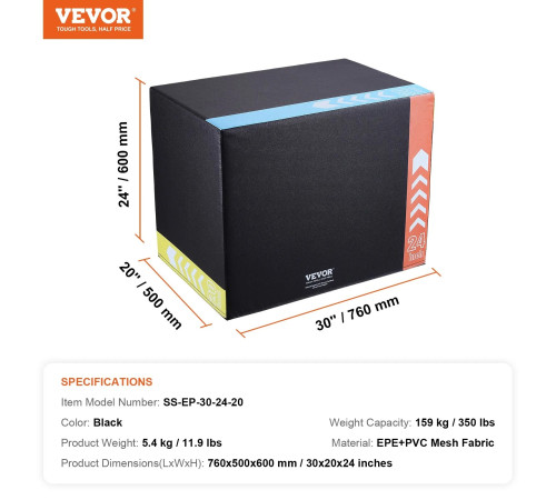 Пліометричний бокс VEVOR 30/24/20 дюймів, різнокольоровий