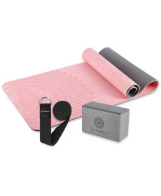 Килимок для йоги HMS YM10 з блоком KJ02 та ременем SJ02, рожевий