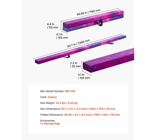 Дитяча гімнастична балка VEVOR MD-105 2,38 м, фіолетова