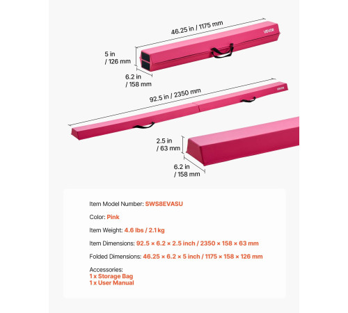 Дитяча гімнастична балка VEVOR SWS8EVASU 233 см, рожева