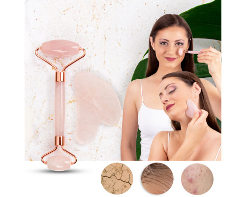 Масажер для обличчя Gua Sha, ролик + камінь inSPORTline Rosado Set