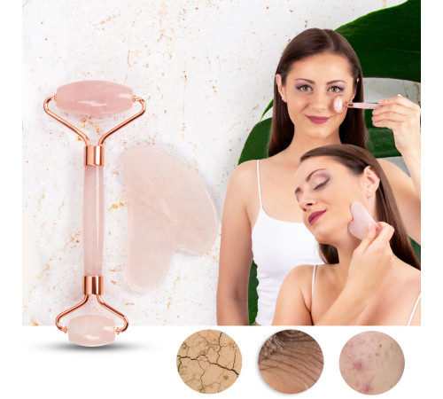 Масажер для обличчя Gua Sha, ролик + камінь inSPORTline Rosado Set