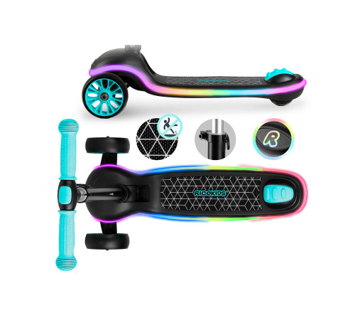 Дитячий самокат триколісний Ricokids Leddi чорно-бірюзовий