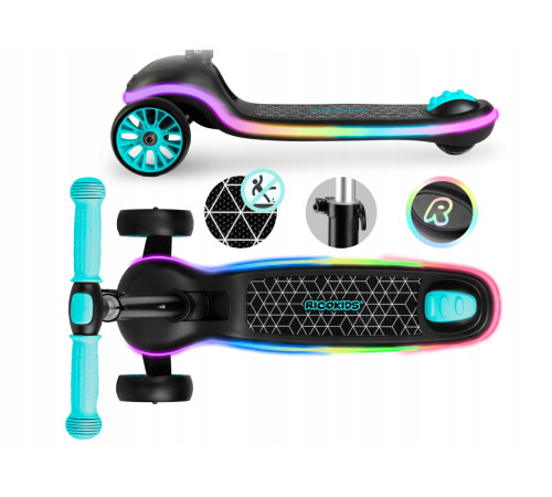 Дитячий самокат триколісний Ricokids Leddi чорно-бірюзовий