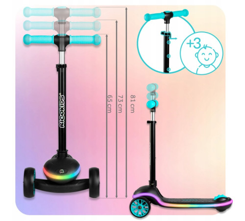 Дитячий самокат триколісний Ricokids Leddi чорно-бірюзовий