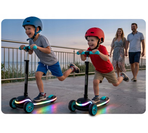 Дитячий самокат триколісний Ricokids Leddi чорно-бірюзовий