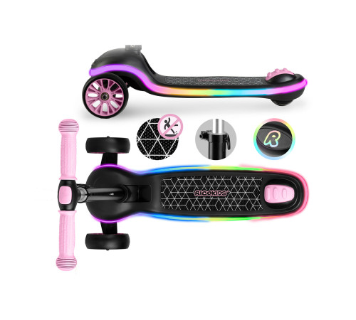 Дитячий самокат триколісний Ricokids Leddi чорно-рожевий