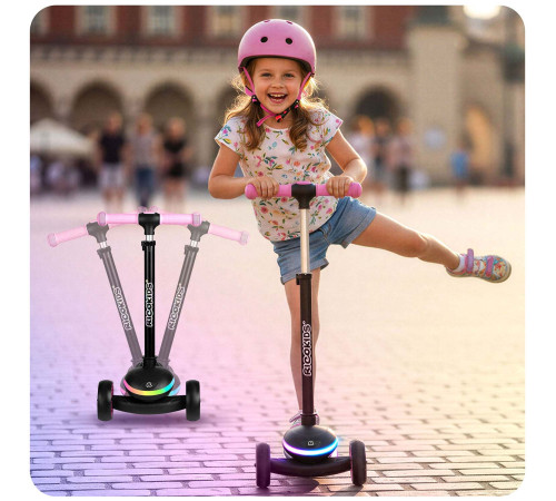 Дитячий самокат триколісний Ricokids Leddi чорно-рожевий