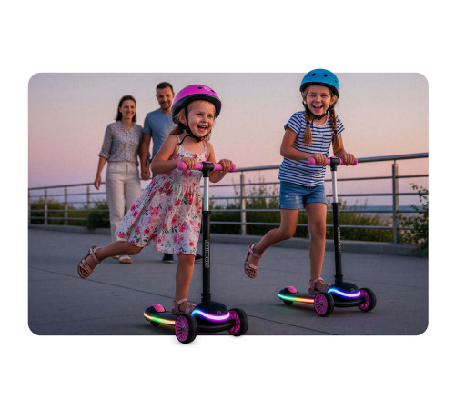 Дитячий самокат триколісний Ricokids Leddi чорно-рожевий