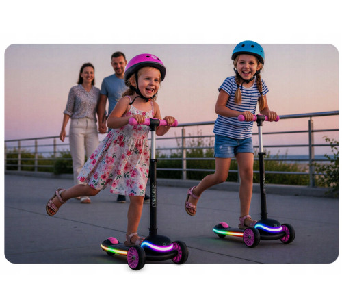 Дитячий самокат триколісний Ricokids Leddi чорно-рожевий