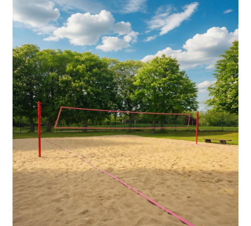 Zestaw do siatkówki plażowej czerwony na boisko 16x8 m: słupki stalowe, siatka, linie, tuleje Набір волейбольний SPORTPOLAND 1296, 16 х 8 м