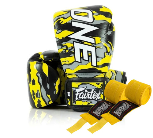 Боксерські рукавички шкіряні з бинтами Fairtex BGV-ONE X STBG 14 унцій, жовті Боксерські рукавички шкіряні з бинтами Fairtex BGV-ONE X STBG 14 унцій, жовті