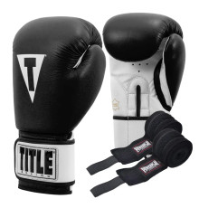 Рукавички боксерські шкіряні з бинтами TITLE Premier Leather розмір 14 унцій, чорно-білі