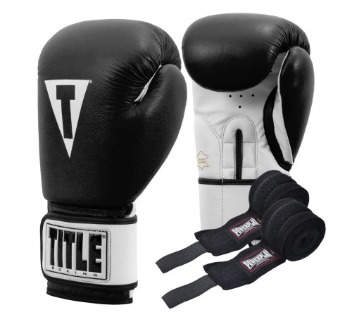 Рукавички боксерські шкіряні з бинтами TITLE Premier Leathe розмір 16 унцій, чорно-білі