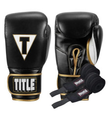 Рукавички боксерські шкіряні з бинтами TITLE Boxeo Mexican розмір 12 унцій, чорно-білі