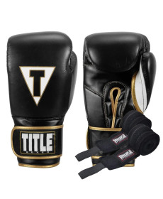 Рукавички боксерські шкіряні з бинтами TITLE Boxeo Mexican розмір 12 унцій, чорно-білі