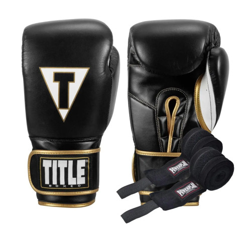 Рукавички боксерські шкіряні з бинтами TITLE Boxeo Mexican розмір 12 унцій, чорно-білі