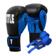 Рукавички боксерські шкіряні з бинтами TITLE Boxing Dynamic Strike розмір 12 унцій, чорно-сині
