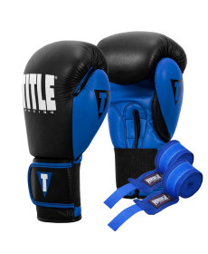 Рукавички боксерські шкіряні з бинтами TITLE Boxing Dynamic Strike розмір 12 унцій, чорно-сині