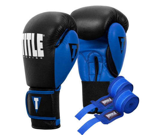 Рукавички боксерські шкіряні з бинтами TITLE Boxing Dynamic Strike розмір 12 унцій, чорно-сині