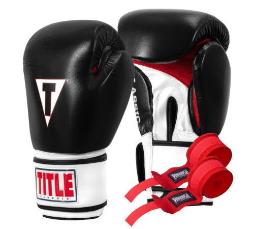 Рукавички боксерські шкіряні з бинтами TITLE Classic Leather 2.0 розмір 12 унцій, чорно-білі