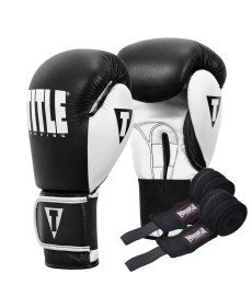 Рукавички боксерські шкіряні з бинтами TITLE Boxing Dynamic Strike розмір 12 унцій, чорно-білі
