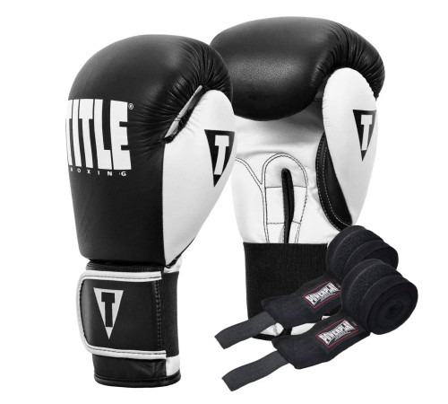 Рукавички боксерські шкіряні з бинтами TITLE Boxing Dynamic Strike розмір 12 унцій, чорно-білі