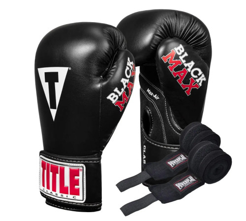 Рукавички боксерські з бинтами TITLE Classic Black Max розмір 12 унцій, чорні