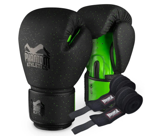 Рукавички боксерські з бинтами Phantom Galaxy розмір 10 унцій, чорно-зелені