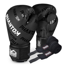 Рукавички боксерські з бинтами Phantom APEX Velcro розмір 12 унцій, чорно-білі