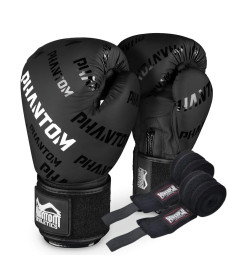 Рукавички боксерські з бинтами Phantom APEX Velcro розмір 12 унцій, чорно-білі