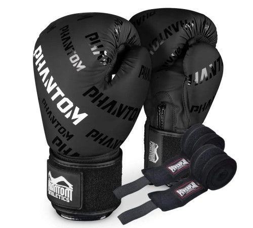 Рукавички боксерські з бинтами Phantom APEX Velcro розмір 12 унцій, чорно-білі