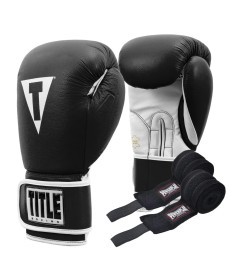 Рукавички боксерські шкіряні з бинтами TITLE Boxing Pro Style 3.0 розмір 14 унцій, чорно-білі