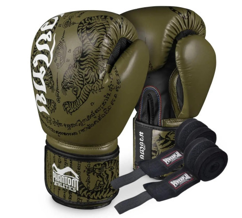 Рукавички боксерські з бинтами Phantom Muay Thai розмір 14 унцій, хакі