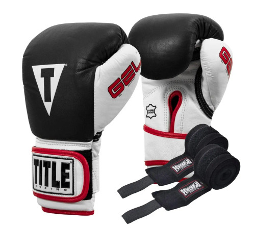Рукавички боксерські шкіряні з бинтами TITLE Boxing Ko-Vert розмір 12 унцій, чорні