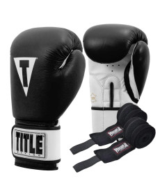 Рукавички боксерськ шкіряні з бинтами TITLE Premier Leather розмір 12 унцій, чорно-білі 